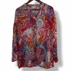 TravelSmith Sheer Paisley Tunic Blouse Size L Boho V-Neck Lightweight